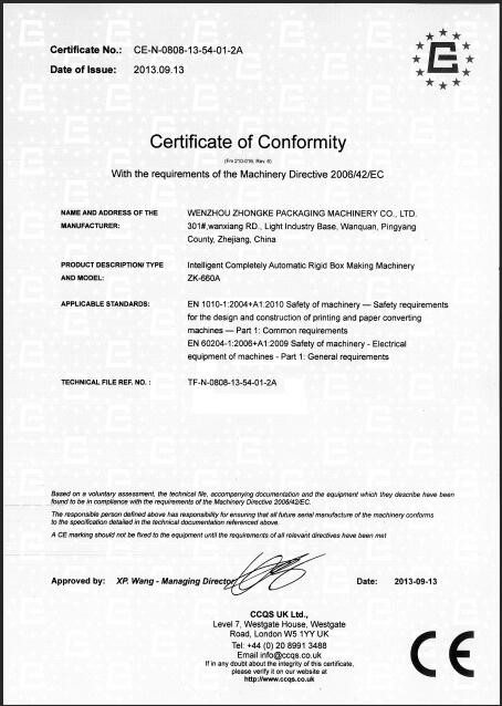 Chiny Wenzhou Zhongke Packaging Machinery Co., Ltd. Certyfikaty